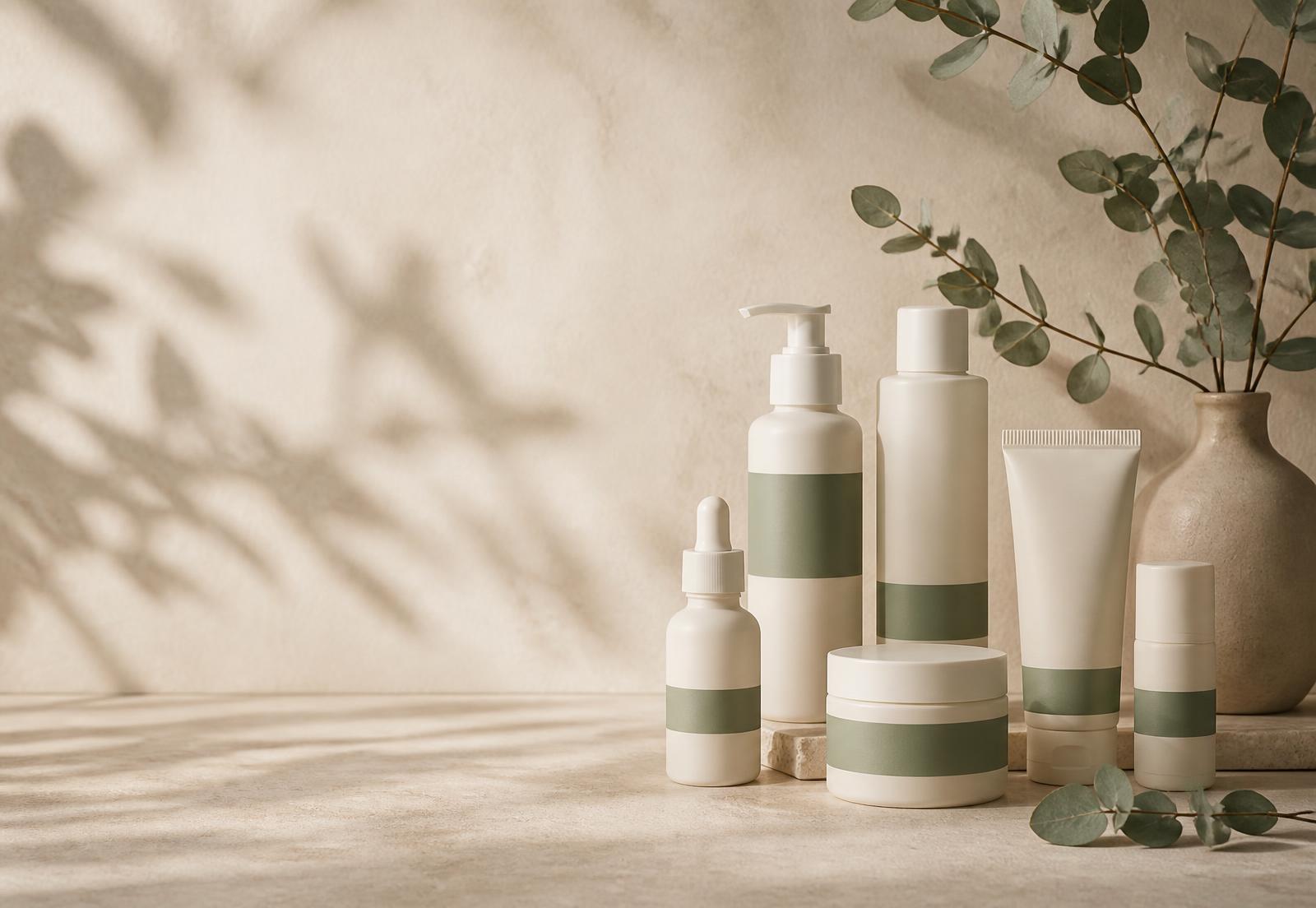 Avivior skincare bottles on a warm beige surface with eucalyptus shadows
