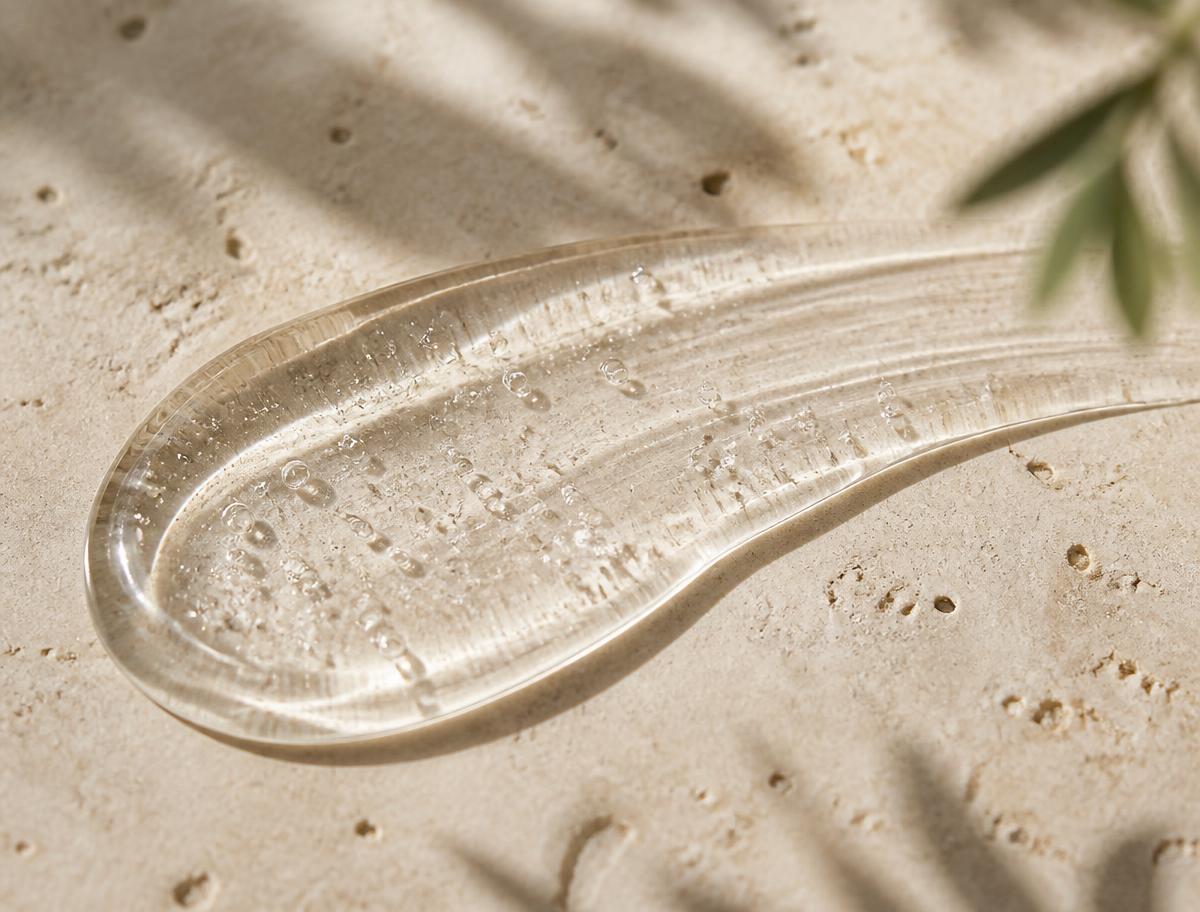 Close-up of a clear serum texture on a stone surface